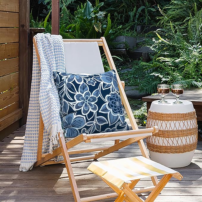 Outdoor Pillows for Patio Furniture 18x18 inch, Square Outdoor Throw Pillows with Inserts, Decorative Toss Pillows for Garden Couch Home Sofa Office Chair, Pack of 2,Flower Navy