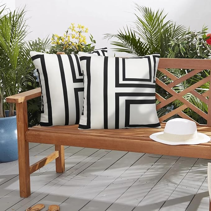 Merrycolor Set of 2 Outdoor WaterproofThrow PillowCovers Geometry Decorative Square Pillowcases Blackand White Outdoor Pillows for Patio Furniture Garden TentCouch 18 X 18 Inch