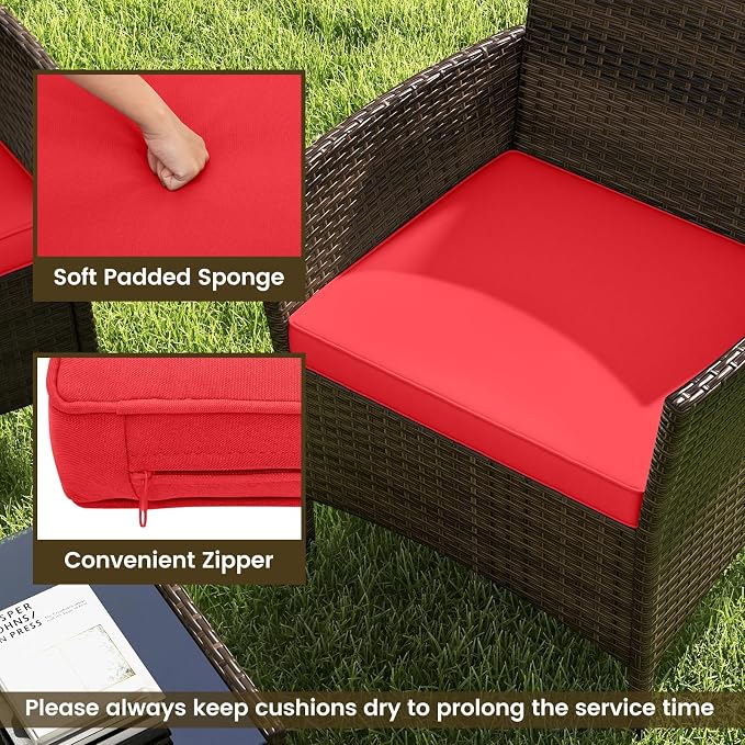 RELAX4LIFE 8-Piece Patio Furniture Set - Rattan Outdoor Conversation Bistro Set w/Cushions, Glass Coffee Table, Wicker Chairs & Loveseat for Garden Backyard Porch, Balcony Furniture Set (2, Red)