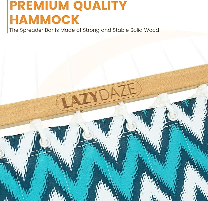 Lazy Daze Hammocks 12 FT Quilted Fabric Double Hammock with Spreader Bars and Detachable Pillow, 2 Person Hammock for Outdoor Patio Backyard Poolside, 450 LBS Weight Capacity, White & Blue Chevron