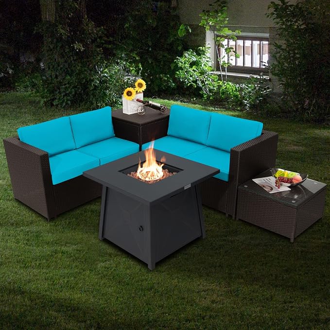 Tangkula 5 Piece Patio Furniture Set with 50,000 BTU Propane Fire Pit Table, Outdoor Wicker Conversation Set w/Cushions, Storage Box and Tempered Glass Coffee Table, 30" Gas Fire Pit Table (Turquoise)