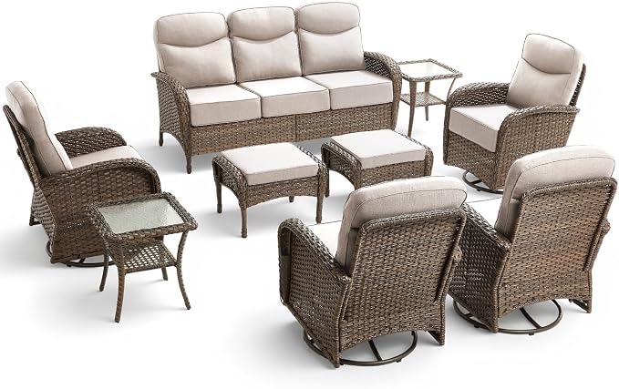 Luxury Outdoor Patio Furniture Set with 6-Inch Thick Cushions, 9 Pieces Wicker Outdoor Furniture with High Back Swivel Patio Chairs Set of 4, Outdoor Patio Conversation Set for Deck Garden, Beige