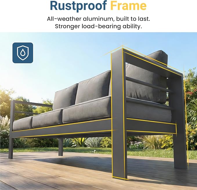 Wisteria Lane 6 Pieces Aluminum Patio Furniture Set with Umbrella, All Weather Oversized Outdoor Furniture Set with Deep Seat and Back Cushion, Patio Conversation Sets with Wide armrest, Gray & Navy