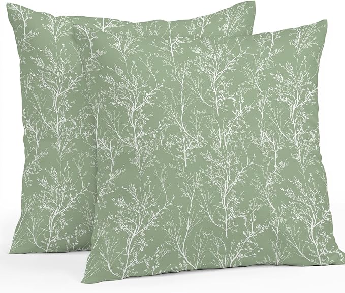 Sage Green Branches Waterproof Outdoor Pillow Covers Set of 2 Home Decor, Abstract Art Leaves Plant Lumbar Pillowcase Patio Pillow Covers for Couch Bench Patio Furniture Garden 20x20in