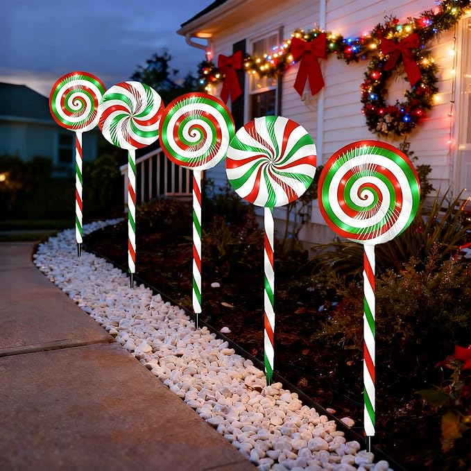 Christmas Lollipop Pathway Lights-5 Pack Solar Powered Outdoor Garden Path Lights Xmas Candy Cane Landscape Lighting Solar Waterproof Decorative Lights Decorations Outside Yard