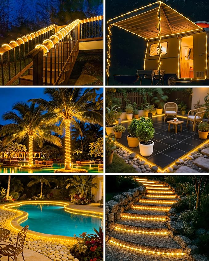 btfarm 2 Pack Solar Rope Lights Outdoor, Total 92FT 240LED Solar String Lights Outside Waterproof, 8 Lighting Mode Solar Powered Trampoline Light for Garden Tree Christmas Yard Party Decor, Warm White