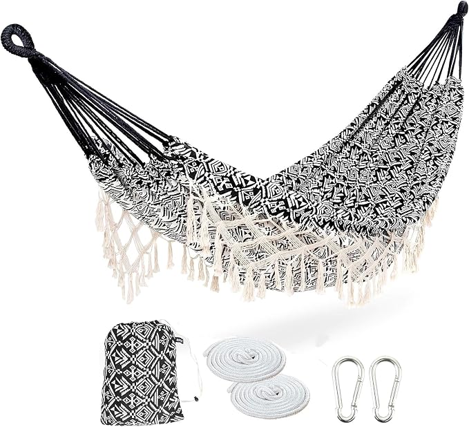 Portable Hammock with Tassel,2 Person,Brazilian Tree Hammocks with Carry Bag for Bedroom,Garden,Backyard,Patio,Outdoor and Indoor XX-Large Black/White Woven Cotton Fabric, Up to 450Lbs