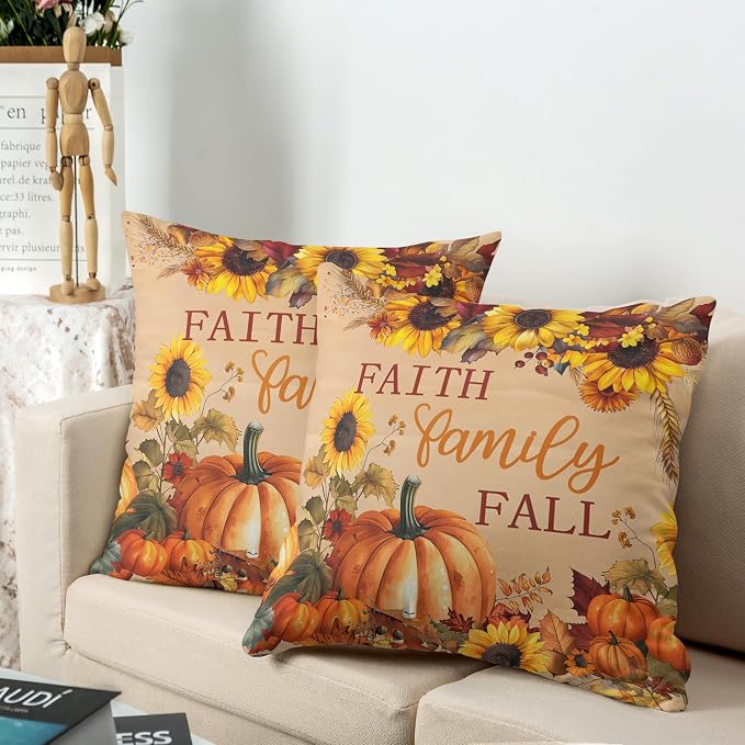 Fall Pillow Covers Pumpkin Sunflower Throw Pillow Covers Autumn Thanksgiving Harvest Pillow Case 22x22 Set of 2 Double Sided Printing Cushion Case for Couch Sofa