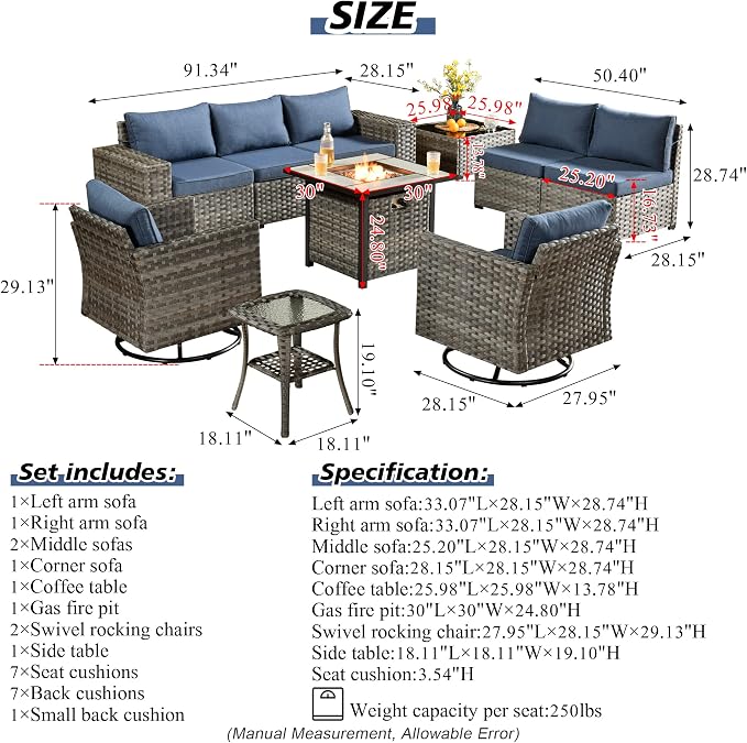 HOOOWOOO Outdoor Patio Sectional Furniture Sofa Set with Fire Pit Table,10 Piece Modern Wicker Couch with Swivel Chairs,Modular Conversation Seating Set with Widened Armrest for Garden(Denim Blue)