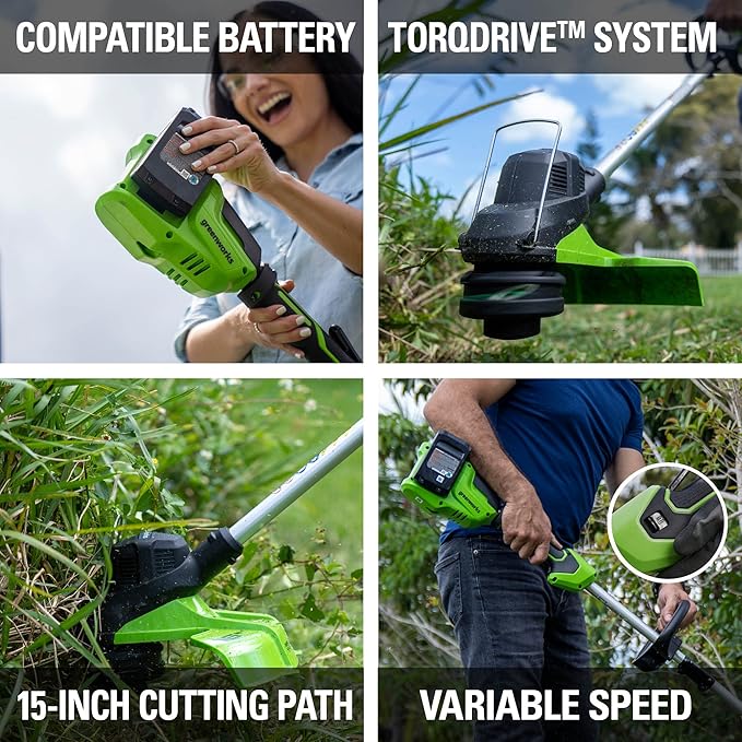 Greenworks 48V (2 x 24V) 15” TORQDRIVE String Trimmer, 0.080" Trimmer Line, (2) 2Ah USB Batteries and Dual Port Charger
