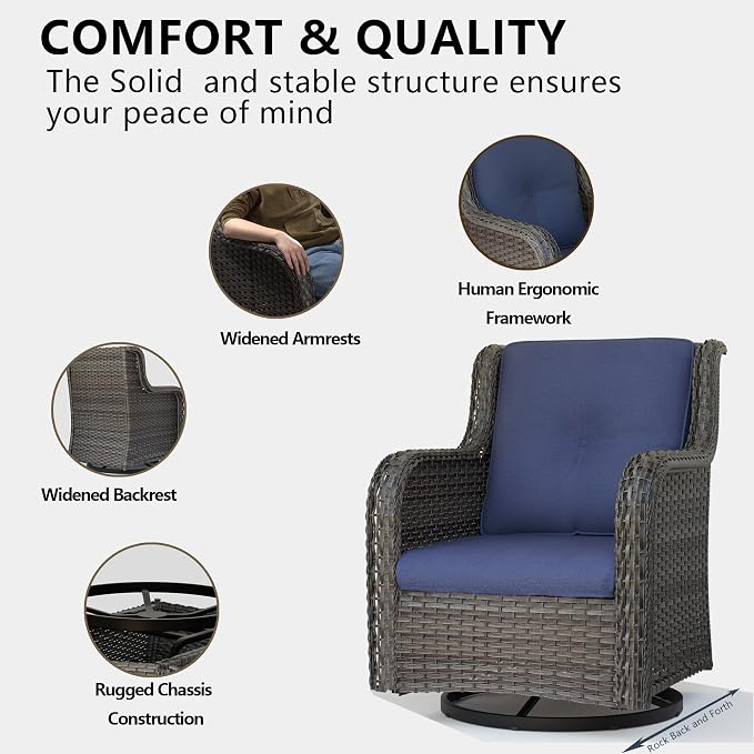 5 Piece Outdoor Patio Furniture Set Wicker Conversation Bistro Set Swivel Rocking Chairs with Side Table and Ottomans for Backyard, Porch, Deck(Mixed Grey/Blue)