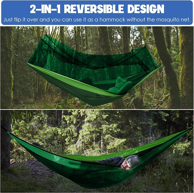 Gold Armour Camping Hammock - Camping Essentials, Double Hammock with Bug Net, Camping Gear Portable Hammock for Outside, Hiking, and Travel (Green & Lime Green)