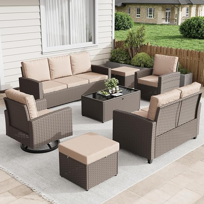 7-Piece Outdoor Patio Furniture Set with Wicker Rattan Sectional Sofa, Swivel Chairs, Ottomans, Coffee Table and Comfy Cushions, All-Weather Conversation Set for Balcony, Deck, Garden, Backyard Lounge