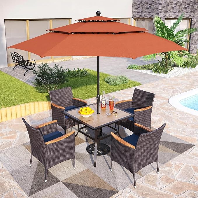 PHI VILLA 5 Pieces Outdoor Patio Dining Set for 4, Metal Steel Frame Table with Umbrella Hole & All Weather PE Rattan Cushioned Chairs Set for Deck, Yard, Porch