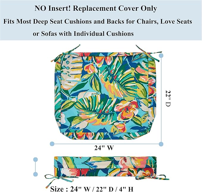 FUNHOME 2 Pack Outdoor Cushion Covers 24" x 22" x 4", No Insert! Water-Resistant Patio Chair Seat Cushion Covers with Zipper and Tie, Replacement Cover Only(Rosario Flower Leaf)