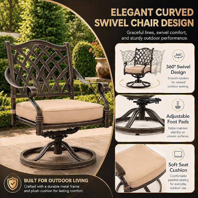 7 Piece Outdoor Dining Set Cast Aluminum Retro Patio Dining Set for 6 Includes 59” Rectangular Table 2 Swivel Chairs with Thicker Cushions and Umbrella Hole for Patio Deck Garden