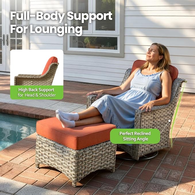 6 Piece Patio Furniture Set with Fire Pit Table, Conversation Sets with High Back Swivel Rocker Chairs, Outdoor Wicker Sofa Loveseat with Comfy Cushion for Backyard Deck Garden, Bold Orange