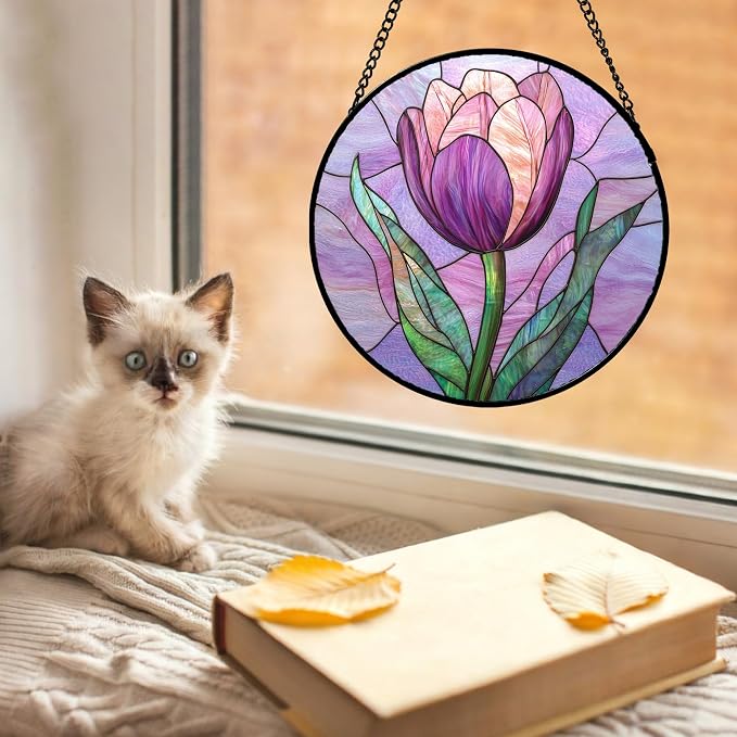 DASTOLL Stained Glass Window Hanging Purple Tulips Flower 6.3" - Suncatcher Door Garden Sun Catcher Home Decor Birthday Mother's Day for Mom Men Woman Parents Her Nana Friend