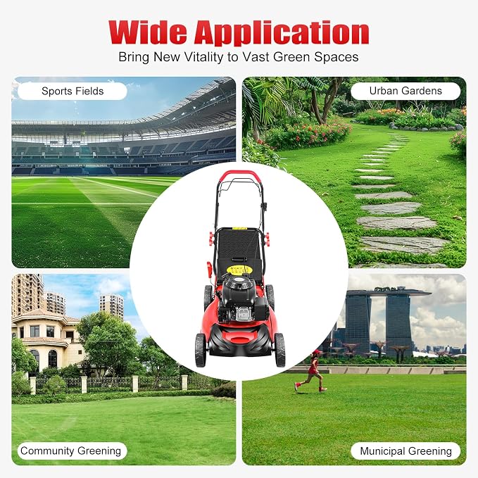 140cc Gas Powered Self Propelled Lawn Mower - Easy to Start,20”Adjustable Height Multi Functional Gas Push Lawnmower with Eight Gears for Yard Garden, Self-Propelled Rear Wheel System Red