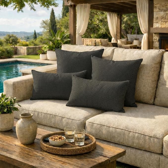 RSH DECOR: Sunbrella Lumbar & Square Pillows Set of 4 | 20" x 12" & 20" x 20" | Water and Fade-Resistant Fabric | Outdoor Throw Pillows for Patio Furniture | Made in USA (Fife Slate)