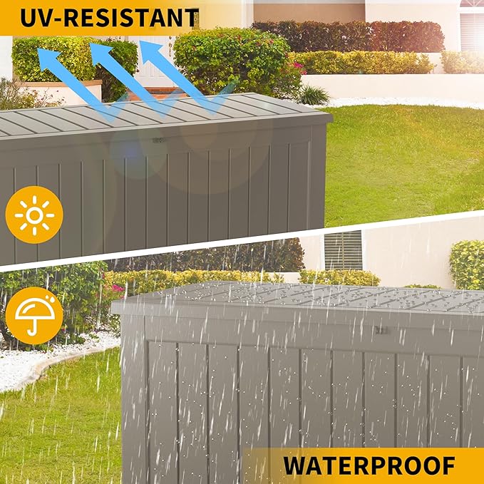 230 Gallon Outdoor Storage Box, Waterproof Resin Deck Container with Lockable Lid, Patio Organizer for Cushions & Garden Tools, Grey