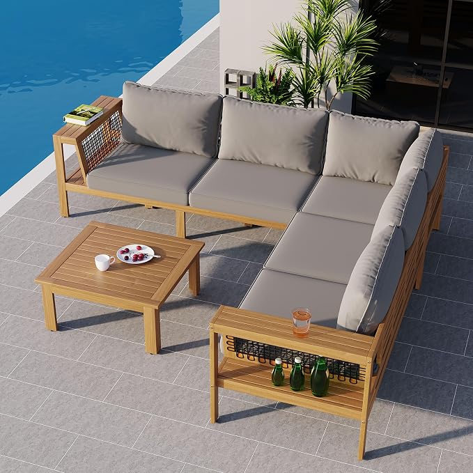 Merax Outdoor Patio Furniture Set 5 Seats, L-Shaped Outdoor Sectional Corner Sofa Set, Acacia Wood Conversation Sets with Washable Cushions & Coffee Table, Patio Furniture for Backyard, Porch, Grey