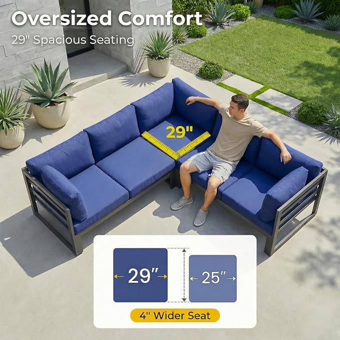 RADIATA 9 Pcs Oversized Contemporary Aluminum Patio Furniture Set, All Weather Modular Sectional Sofa with Tanning Chair & Fireplace, 500 lbs Heavy Duty Comfy Outdoor Couch for Beach Deck, Navy Blue
