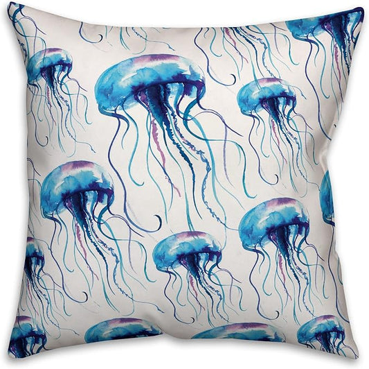 Jellyfish Swarm Indoor/Outdoor Pillow | Decorative Pillows for Living Room Couch Bed Sofa Patio, Fluffy Soft Cushion | Water Resistant Blue, 18x18
