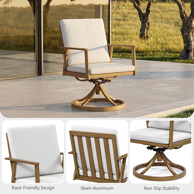 6-Piece Outdoor Table Set with Chairs & Bench, 8-Person Outdoor Rectangular Dining Table with Umbrella Hole, Faux Wood Grain Patio Table Set with Swivel Chair for Garden Backyard Proch, Teak