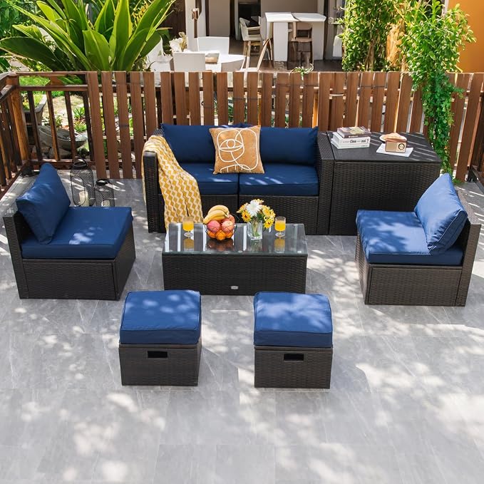 COSTWAY 8-Piece Outdoor Patio Furniture Set, Rattan Sectional Sofa, Armless Chairs, Side Table with Storage Ottoman & Glass Coffee Table, Space-Saving Conversation Set for Garden Deck (Navy)
