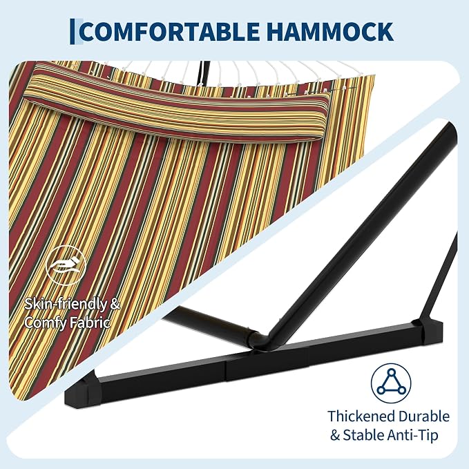 Double Hammock with Stand and Pillow – Heavy Duty Outdoor, Supports 450 Lbs, Balance Rope Included, for Backyard, Patio, and Camping, Red-Yellow Stripe