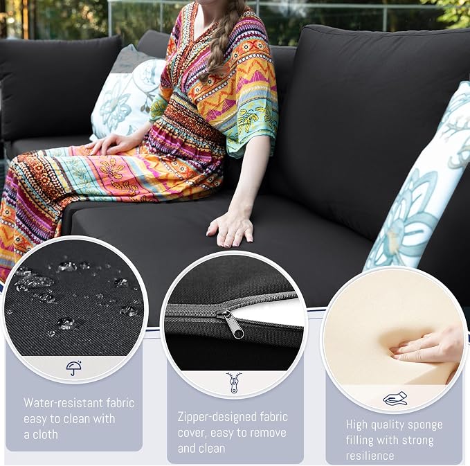 BULEXYARD 11 Piece Large High Back Outdoor Patio Furniture Sets with Firepit and Loungers, Cozy Extra Deep Wide Seating Sectional Conversation Couch Backyard Sitting Sets, Grey Wicker & Black Cushion