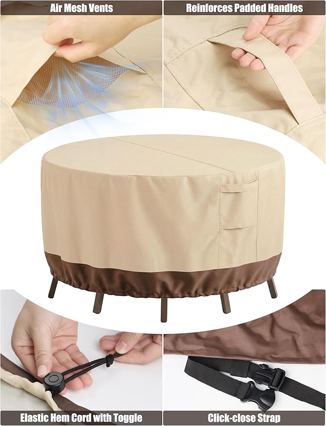 Vailge Round Patio Furniture Covers, 100% Waterproof Outdoor Table Chair Set Covers, Anti-Fading Cover for Outdoor Furniture Set, UV Resistant (Beige&brown, 72"DIAx28"H)