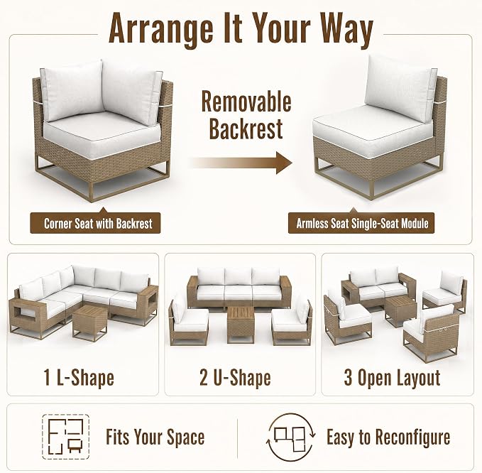 12-Piece Outdoor Patio Furniture Set, Modern PE Wicker Outdoor Sectional Sofa with Storage Armrests & 5.5" Thick Cushions, L-Shaped Couch for Deck, Porch, Backyard, Ivory White