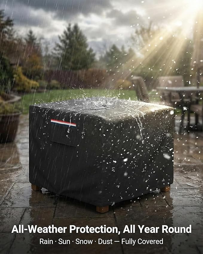 Square Waterproof Patio Ottoman Cover, 600D Heavy Duty Outdoor Furniture Cover with Windproof Buckles Air Vents, All-Weather Protector for Patio Ottoman or Outdoor Side Table 25 x 25 x 18 Inch, Black