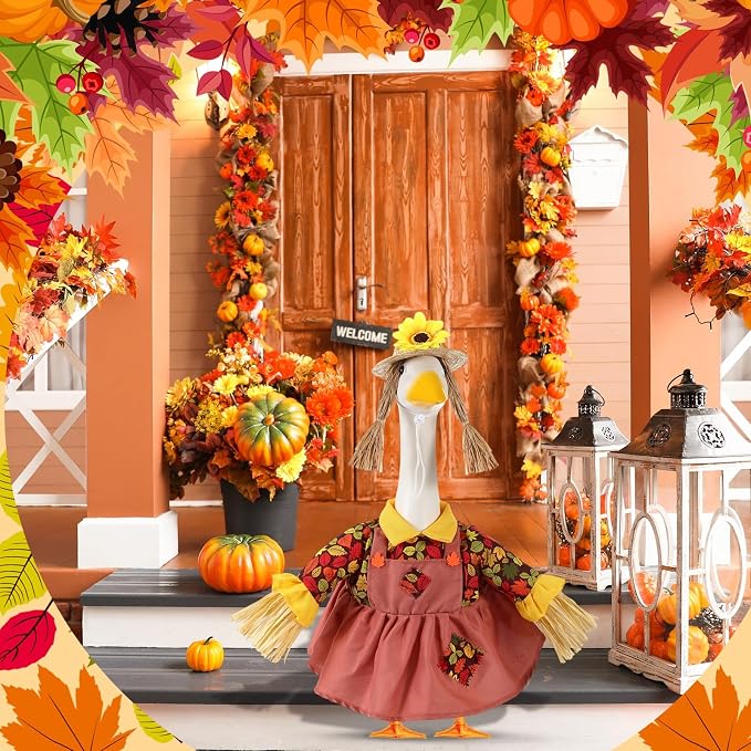 FuWeave Fall Porch Goose Outfit Maple Goose Costume Fancy Porch Geese Clothes with Wide Hat for 23" 17" Outdoor Patio