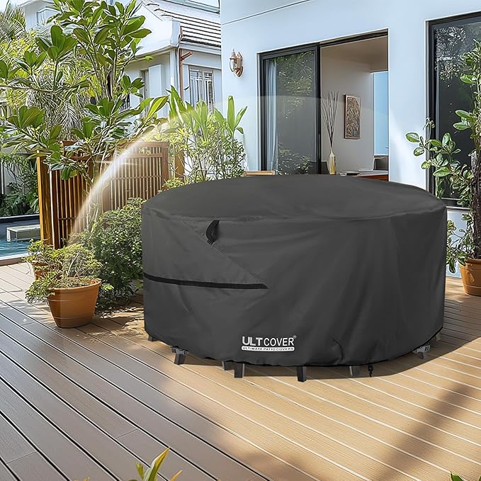 ULTCOVER Round Patio Furniture Cover - Outdoor Waterproof Table with Chair Set Cover 92 inch, Black
