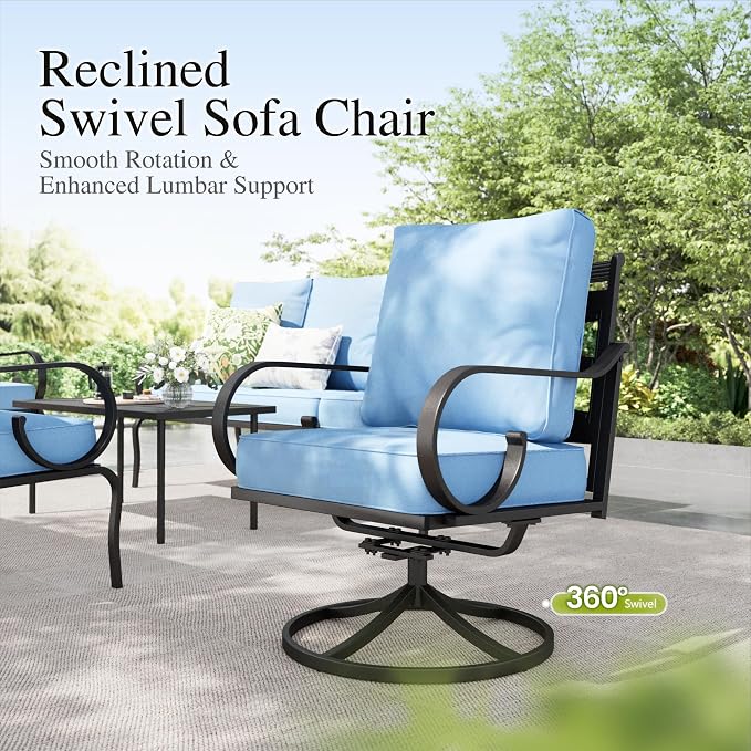 Sophia & William Patio Conversation Set for 5, 3-Seater Sofa, 2 Swivel Chairs and a 45" Fire Pit Table, Metal Outdoor Furniture with 5.75" Extra Thick Cushions, Blue