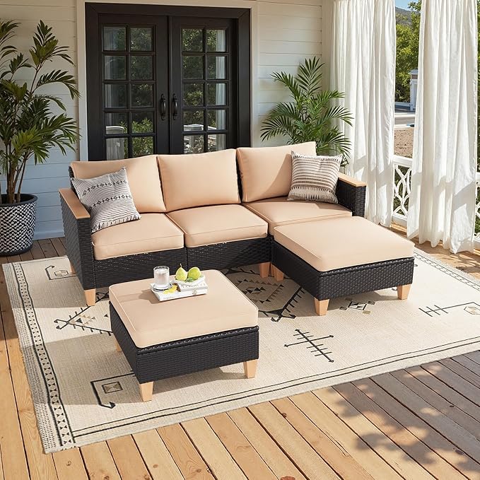 Soohow Outdoor Furniture Set, 5 Piece Patio Conversation Set with Cushions, PE Outdoor Wicker Conversation Set Sectional Patio Sofa, All-Weather Rattan Sofa for Backyard, Garden, and Poolside