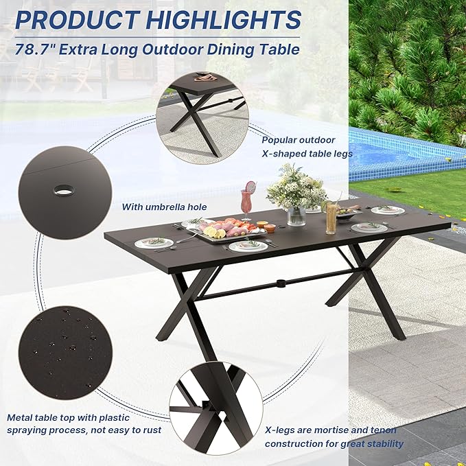 ALAULM 7-Piece Patio Dining Table and Chairs Outdoor Dining Set for 6 Patio Dining Sets with Rectangular Metal Table with Umbrella Hole for Patio, Backyard, Garden-Grey