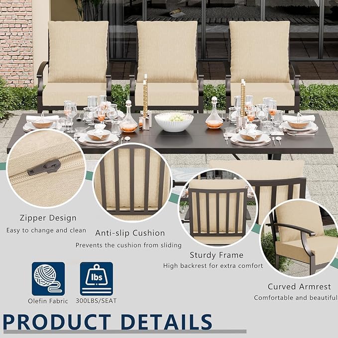 7 Piece Outdoor Dining Set for 6, Metal Patio Table and Chairs with Cushions, Patio Furniture Set with 6 Swivel Chairs, Rectangular Metal Dining Table with Umbrella Hole, Lawn Deck Yard-Sand