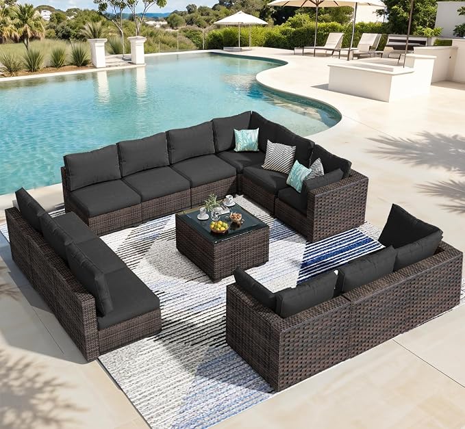 13 Piece Patio Furniture Set All Weather PE Rattan Outdoor Sectional Sofa Couch with No-Slip Cushions and Glass Top Table for Garden, Poolside, Backyard (Black)