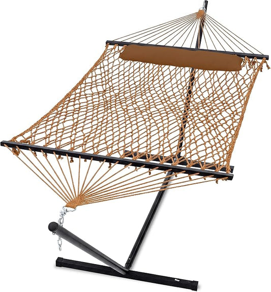 GAFETE 2 Person Hammock with Stand for Outside, 52inch Double Cotton Rope Hammock, Heavy Duty Steel Stand, Large Removable Pillow, Max 475 lbs Capacity (Coffee Brown)