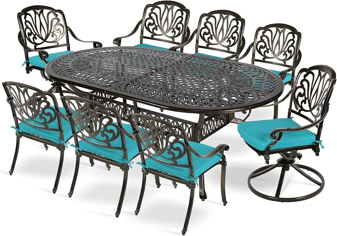MEETWARM 9-Piece Outdoor Patio Dining Set, All-Weather Cast Aluminum Patio Conversation Set with 2 Swivel Rocker Chairs, 6 Stationary, 1 Oval Table, 8 Cushions, 2" Umbrella Hole, Ocean Blue