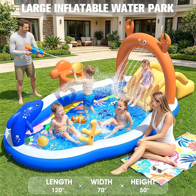 2026 Large Inflatable Play Center,Toddler Pool with Water Slide&Sprinkler,120"x70"x50"Inflatable Kiddie Pool with Slide,Backyard Kids Water Slide,Blow-Up Splash Pad for Toddlers
