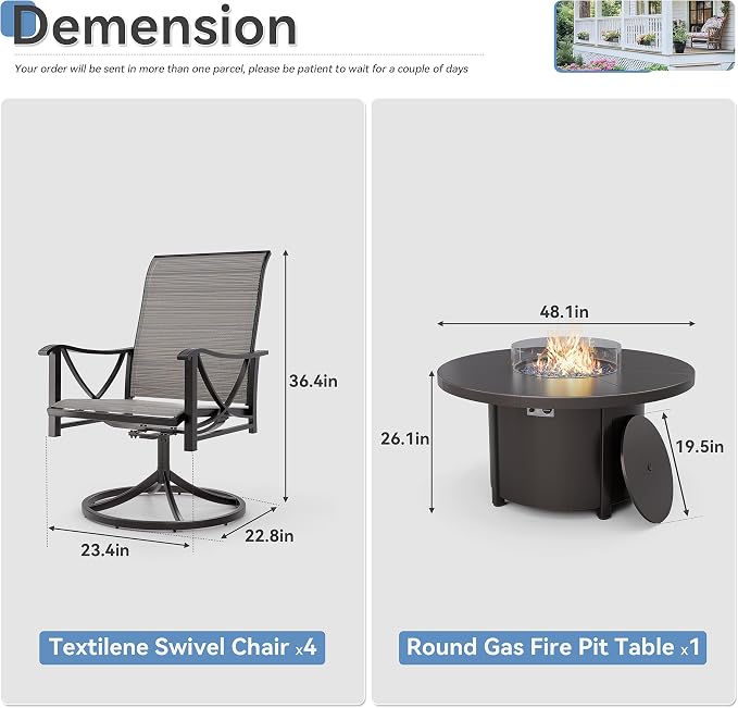 Kurapika 5 Piece Outdoor Conversation Sets, Patio Furniture Set, 4 Textilene Fabric Swivel Chairs and w/48in Propane Round Fire Pit Table for Deck Garden Backyard Porch,Brown