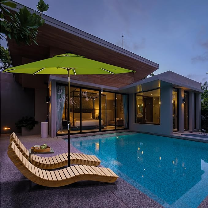 Midtown Umbrellas The LED Swilt 8 Feet Patio Umbrella With Terylast Pear (Green) Polyester Fabric - Auto-Tilt Aluminum Frame With LED Lights For Backyard, Deck, Garden, Pool - Black Pole