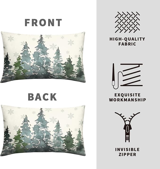 Watercolor Pine Tree Lumbar Pillow Covers 12x20 Winter Rustic Nature Forest Rectangle Pillow Covers Set of 2 Green Forest Woodland Cotton Linen Cushion Case for Couch Outdoor Living Room
