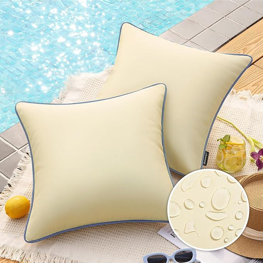 Phantoscope Pack of 2 Outdoor Waterproof Throw Pillow Covers with Contrast Piping, Decorative Square Cushion Case Patio Pillows for Couch Tent, Butter Yellow 18x18 inches