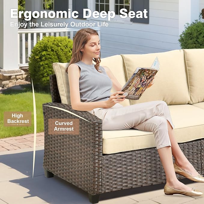 ovios 6 Pieces Patio Furniture Set, Outdoor Wicker Sofa Couch with 42" Fire Pit Table Comfy Cushions, All Weather Brown Rattan Conversation Set for Backyard Deck, Beige